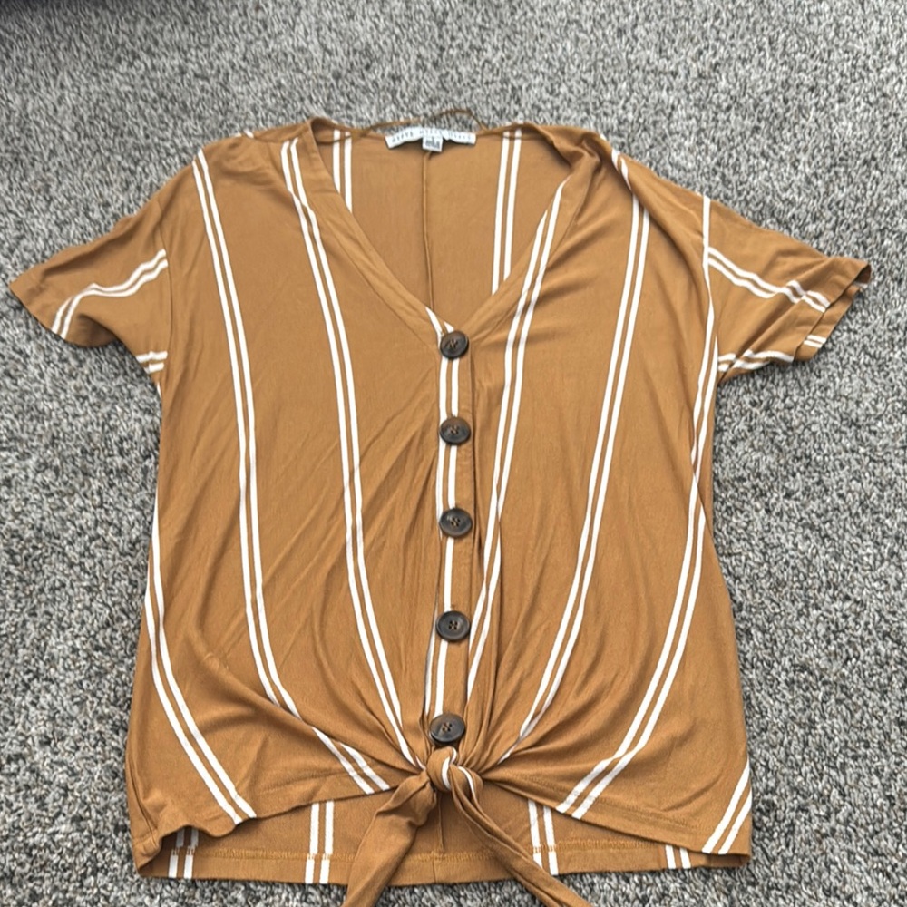 Brown Striped Button-Down Tie-Front Top